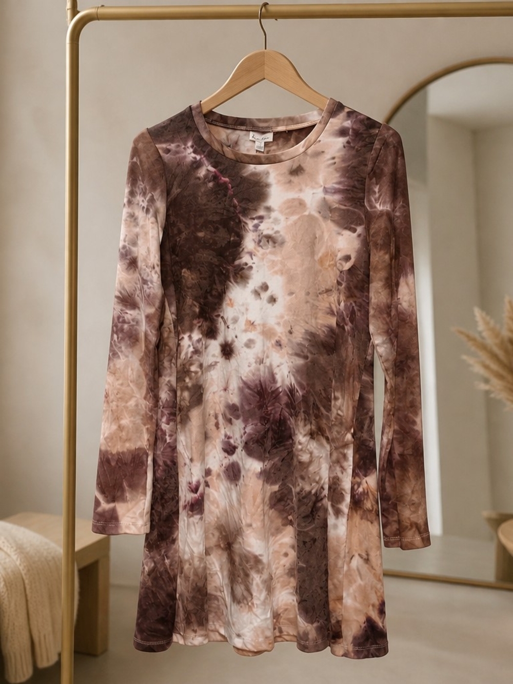Love Tree Tie-Dye Long Sleeve Swing Dress in Brown and Cream